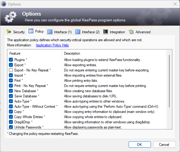 The KeePass Options "Policy" tab, showing the "Export - No Key Repeat" setting.